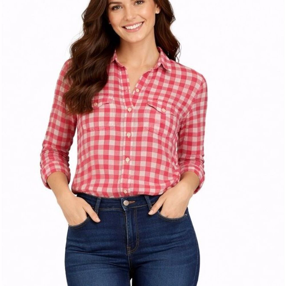 Banana Republic soft wash linen pink plaid shirt size M
